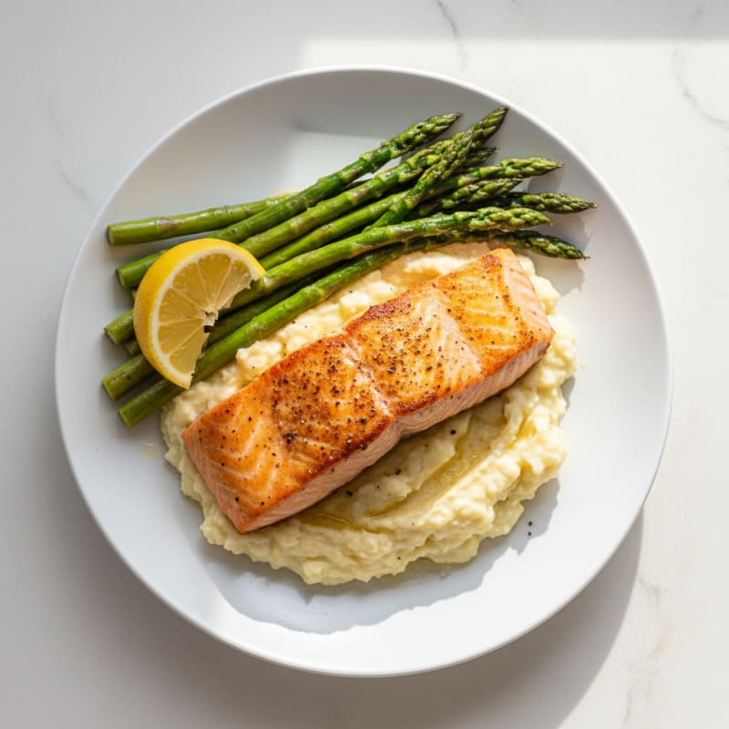 Seared Salmon Fillet with Asparagus and Garlic Mashed Cauliflower