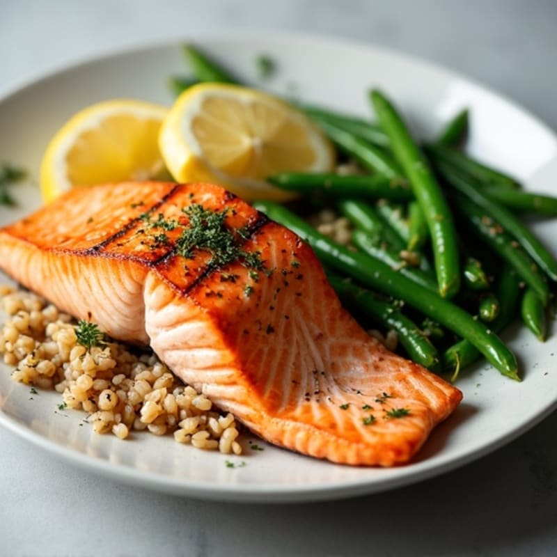 Seared Salmon with Garlic Green Beans and Brown Rice