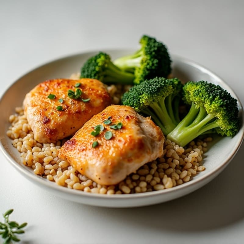 Roasted Chicken Thighs with Fluffy Brown Rice and Crispy Roasted Broccoli
