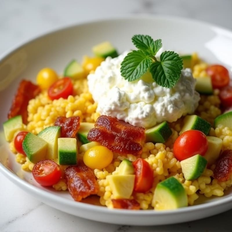 Egg White Veggie Scramble with Cottage Cheese and Turkey Bacon