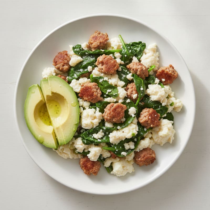 Egg White Scramble with Turkey Sausage and Sautéed Spinach