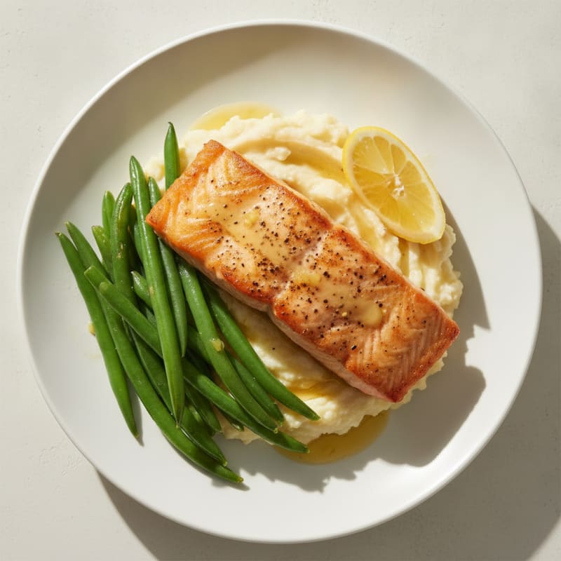 Seared Salmon with Steamed Green Beans and Garlic Mashed Cauliflower