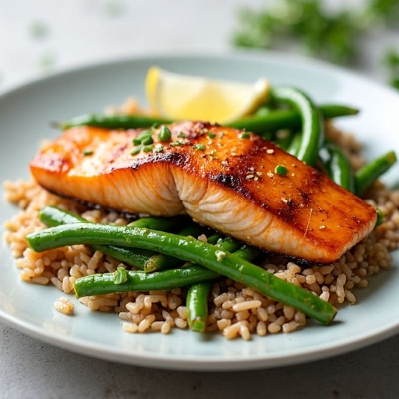 Seared Salmon with Garlic Green Beans and Brown Rice