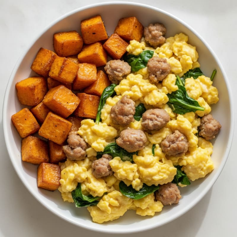 Creamy Scrambled Eggs with Turkey Sausage and Roasted Sweet Potatoes