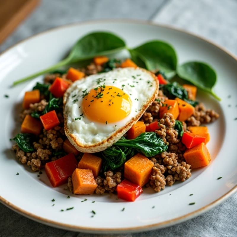 Sweet Potato Hash with Lean Ground Turkey and Fresh Spinach