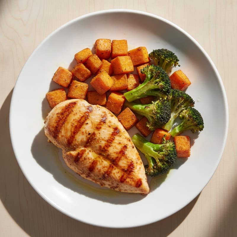 Grilled Chicken Breast with Roasted Sweet Potato and Broccoli