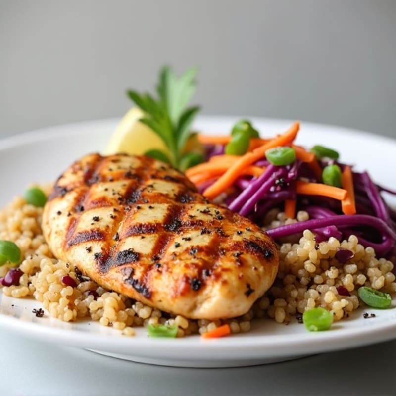 Grilled Chicken Breast with Crunchy Cabbage Slaw and Quinoa