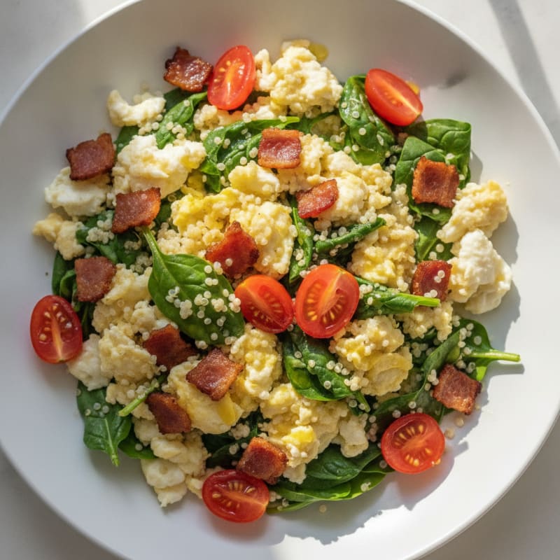Crispy Turkey Bacon and Egg White Scramble with Spinach and Quinoa