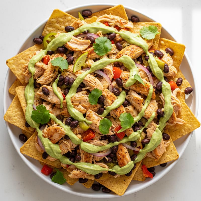Loaded Chicken Nachos with Avocado Crema