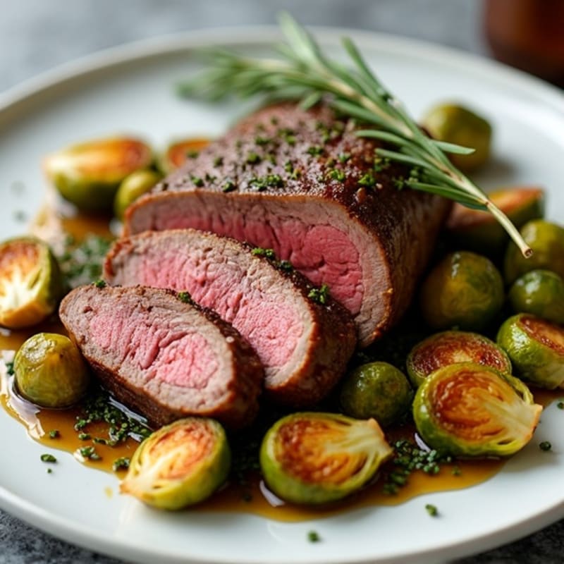 Garlic Herb Roasted Beef with Crispy Brussels Sprouts