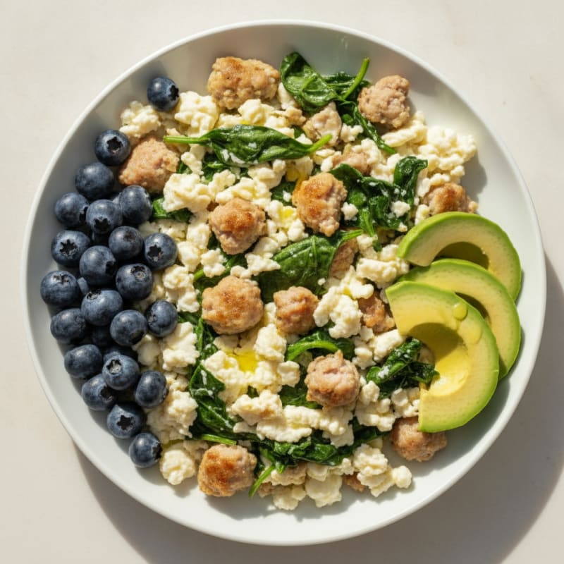 Egg White and Turkey Sausage Scramble with Sautéed Spinach