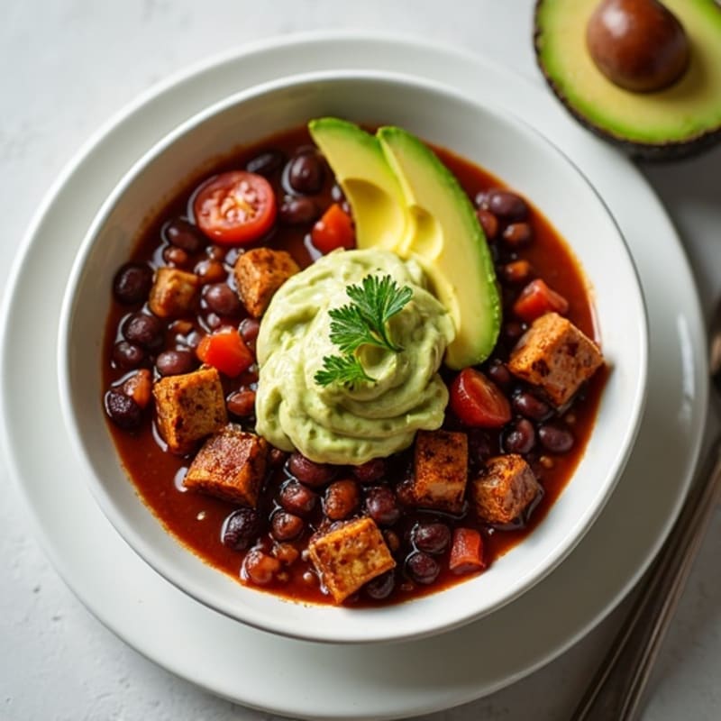 Dark Cocoa-Spiced Chicken and Black Bean Chili with Creamy Avocado Swirl