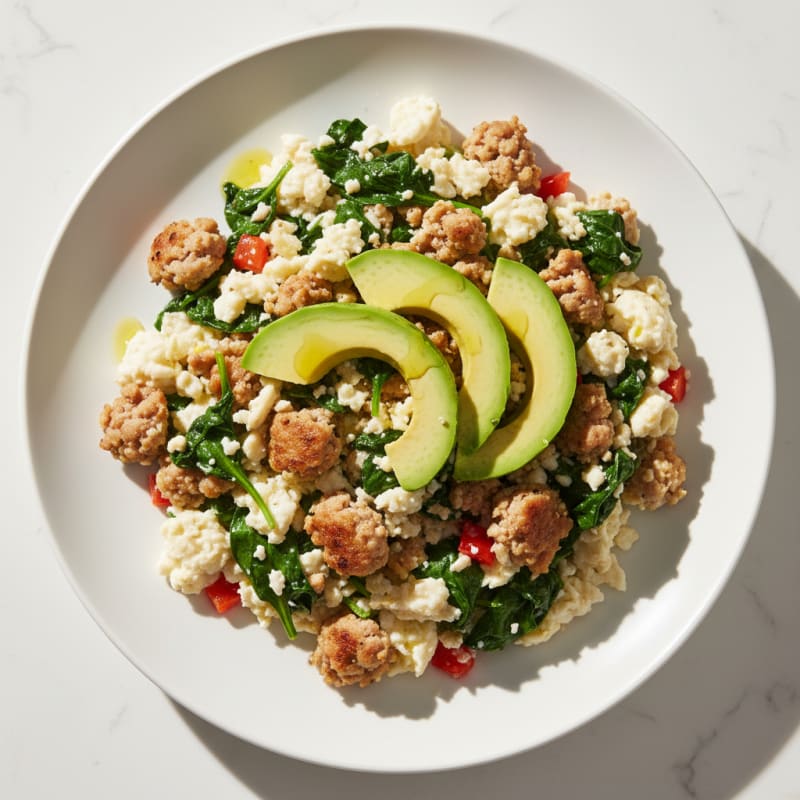 Egg White and Turkey Sausage Scramble with Sautéed Spinach
