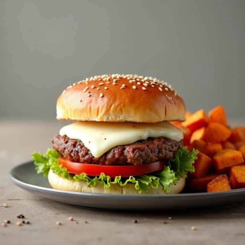 Lean Beef Burger with Melty Mozzarella and Roasted Sweet Potatoes