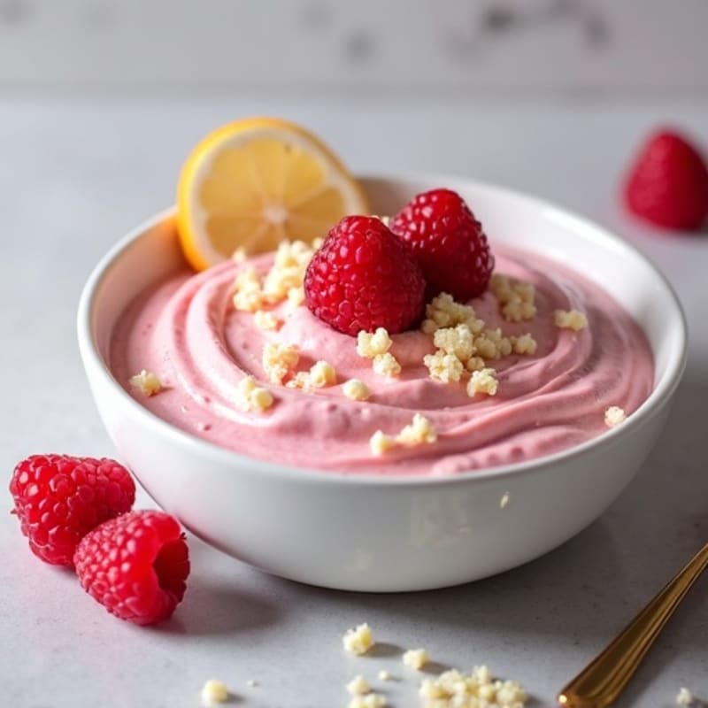 Creamy Raspberry Protein Mousse Bowl with White Chocolate Shavings
