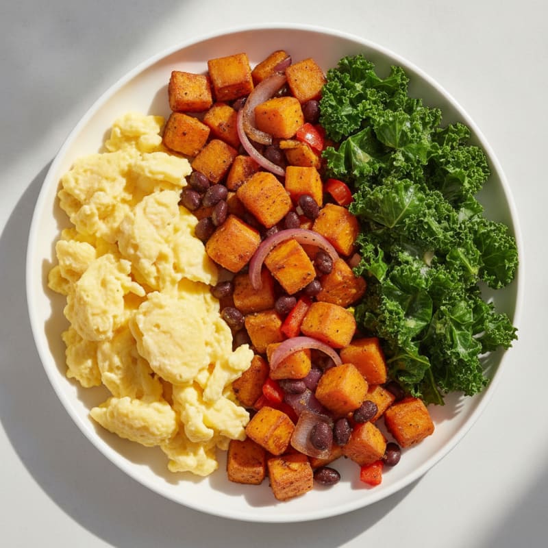 Scrambled Eggs with Sautéed Kale and Sweet Potato Hash
