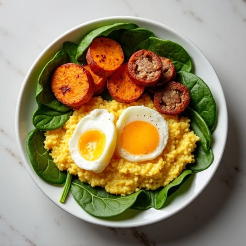 Hearty Scrambled Eggs with Crispy Sweet Potatoes and Fresh Spinach