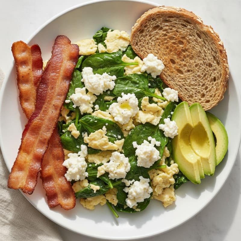 Egg White Spinach Scramble with Cottage Cheese and Turkey Bacon