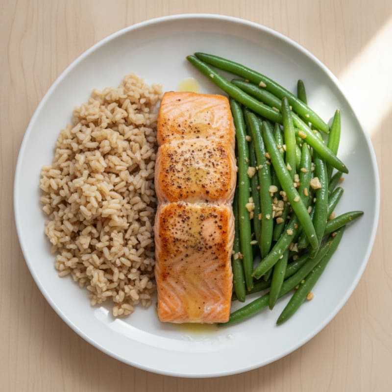 Seared Salmon with Garlic Green Beans and Brown Rice