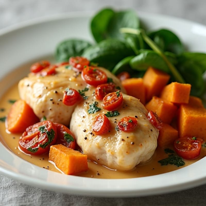 Creamy Tuscan Chicken with Roasted Sweet Potatoes