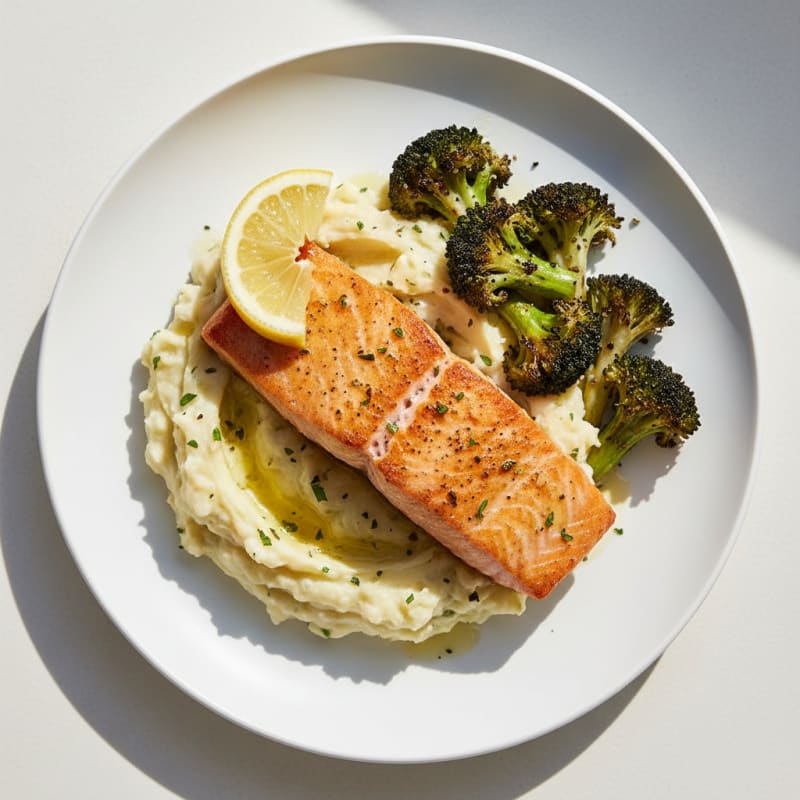 Seared Salmon with Roasted Broccoli and Garlic Mashed Potatoes