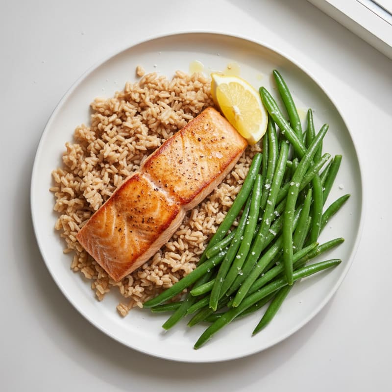 Seared Salmon with Steamed Green Beans and Brown Rice