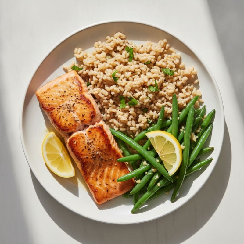 Seared Salmon with Garlic Green Beans and Brown Rice