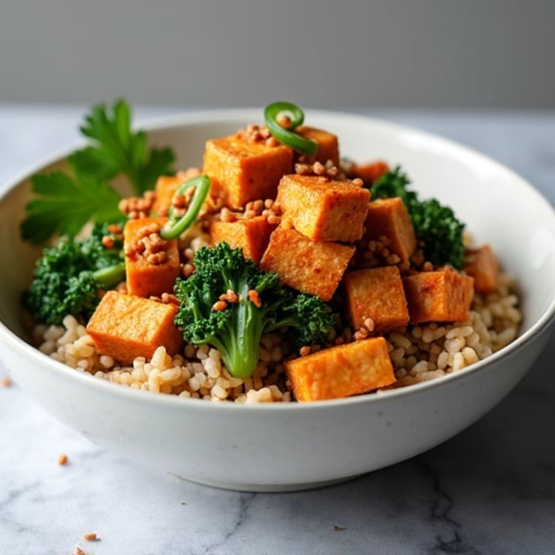 Crispy Tofu with Spicy Kimchi Kale and Brown Rice
