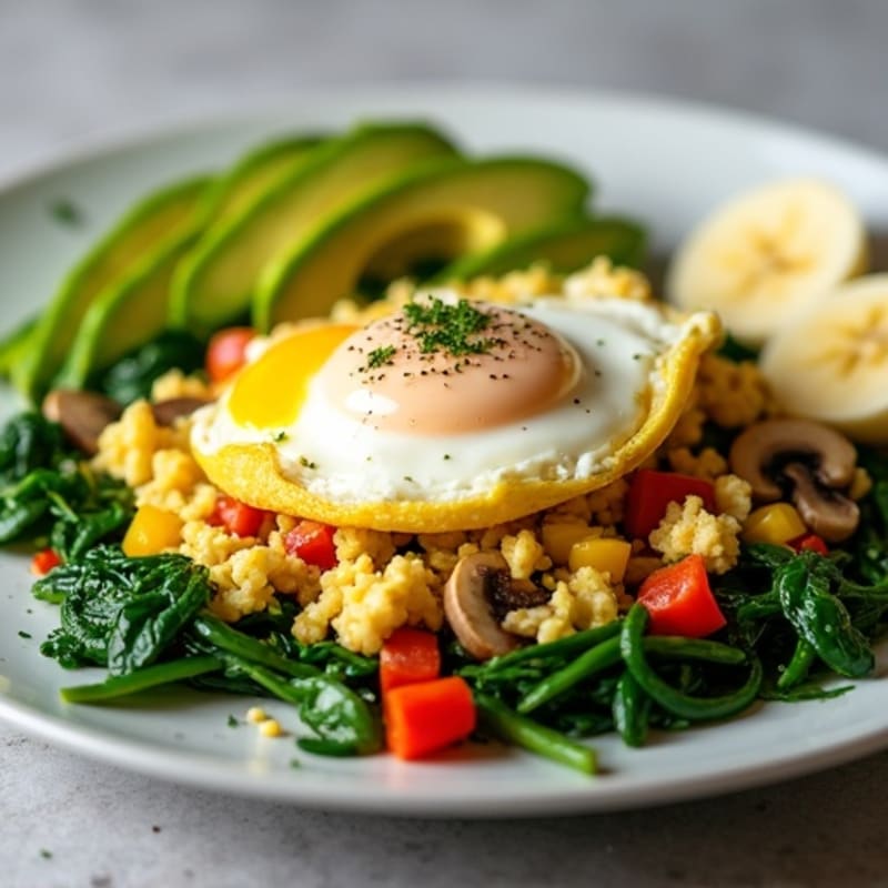 Egg White Veggie Scramble with Cottage Cheese and Sautéed Spinach (with Avocado & Banana Side)