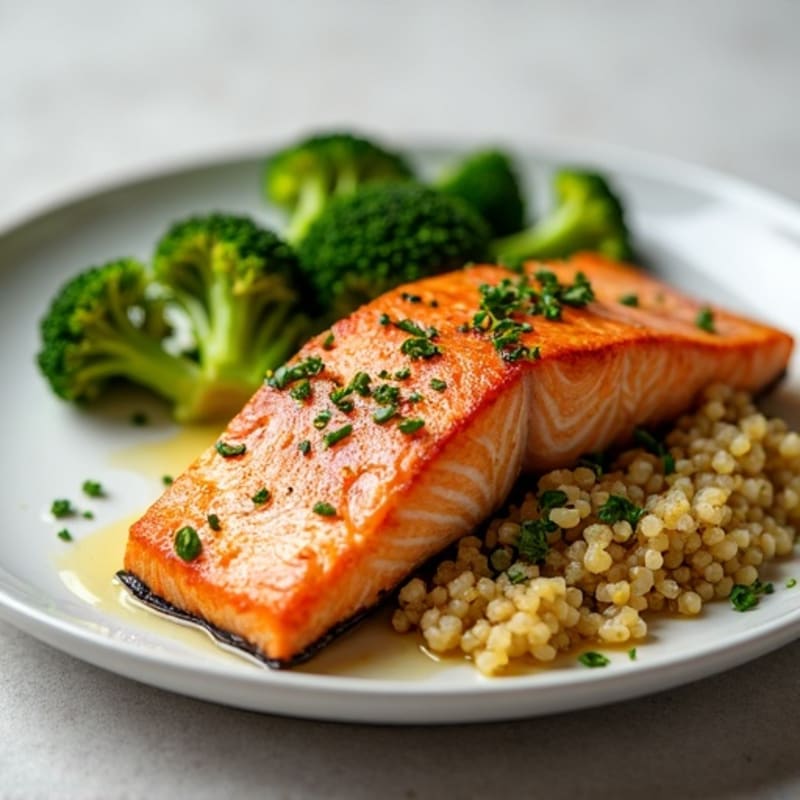 Seared Salmon with Roasted Broccoli and Garlic Quinoa