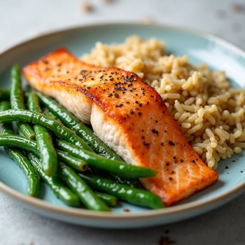 Seared Salmon with Garlic Green Beans and Brown Rice