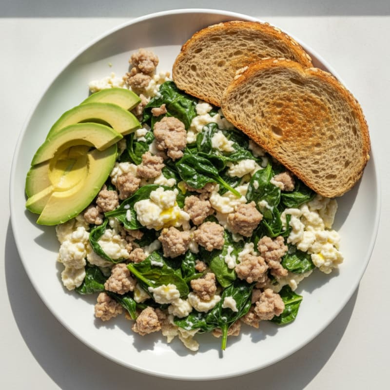 Egg White and Turkey Sausage Scramble with Sautéed Spinach