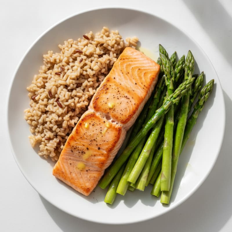 Seared Salmon with Steamed Asparagus and Brown Rice