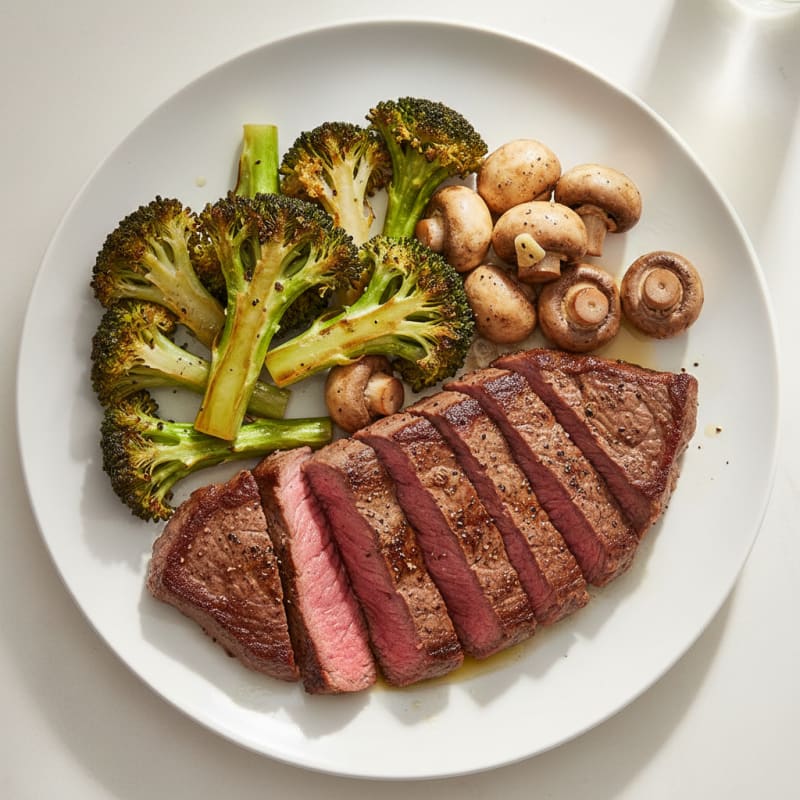 Seared Sirloin Steak with Roasted Broccoli and Garlic Mushrooms