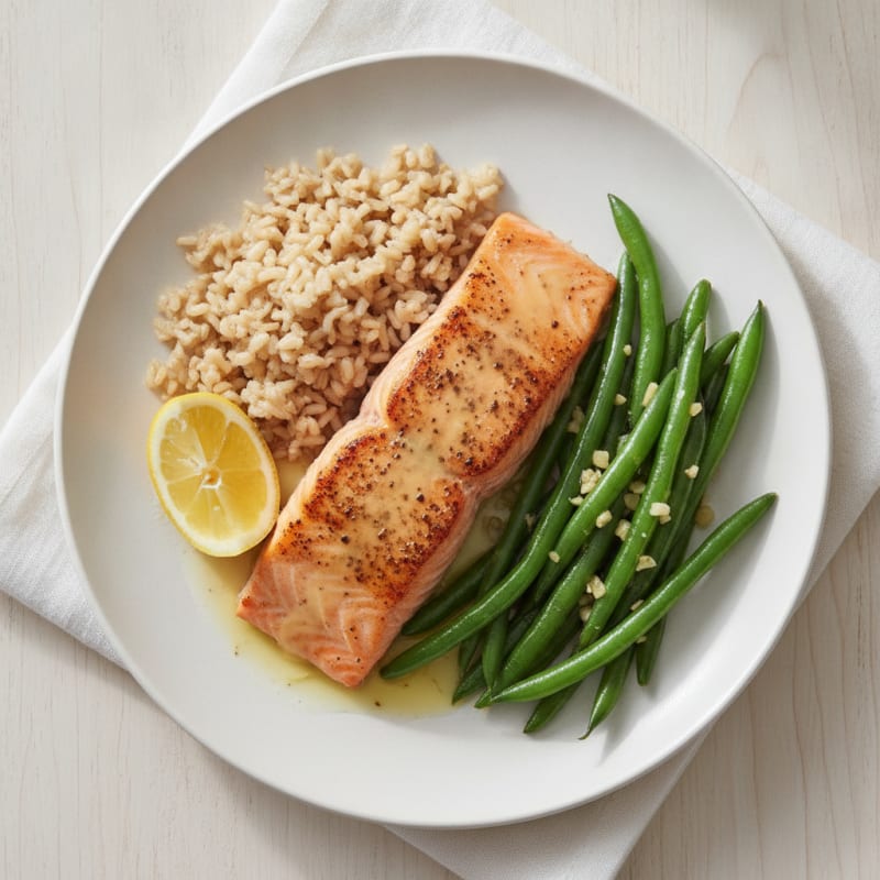 Seared Salmon with Garlic Green Beans and Brown Rice