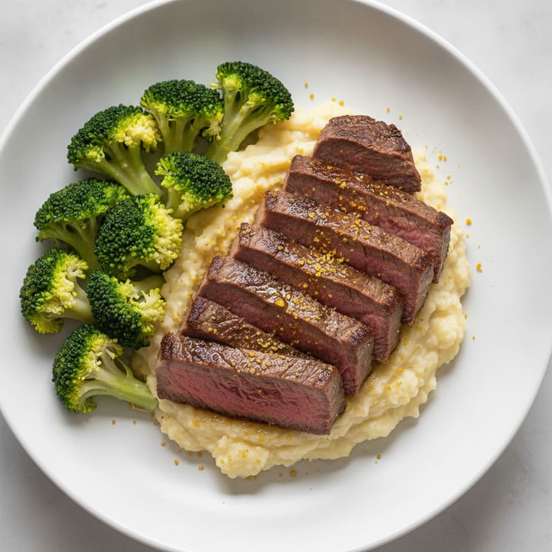 Seared Lean Beef with Steamed Broccoli and Cauliflower Mash