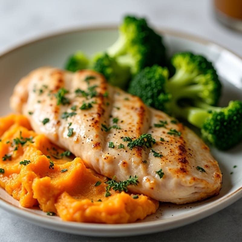 Oven-Baked Herb Chicken Breast with Steamed Broccoli and Sweet Potato Mash