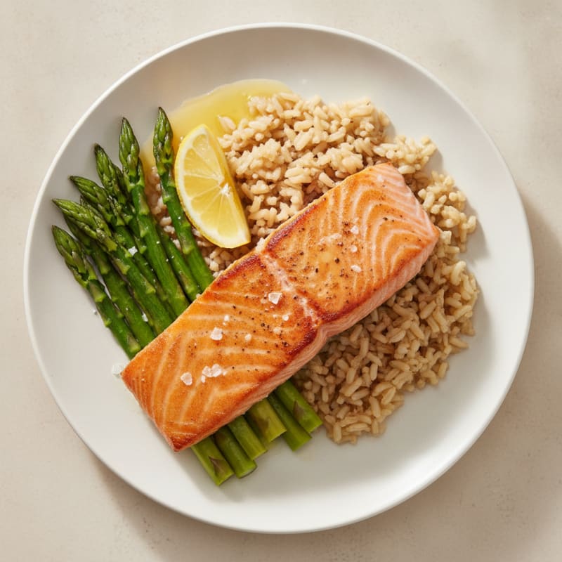 Seared Salmon Fillet with Steamed Asparagus and Brown Rice