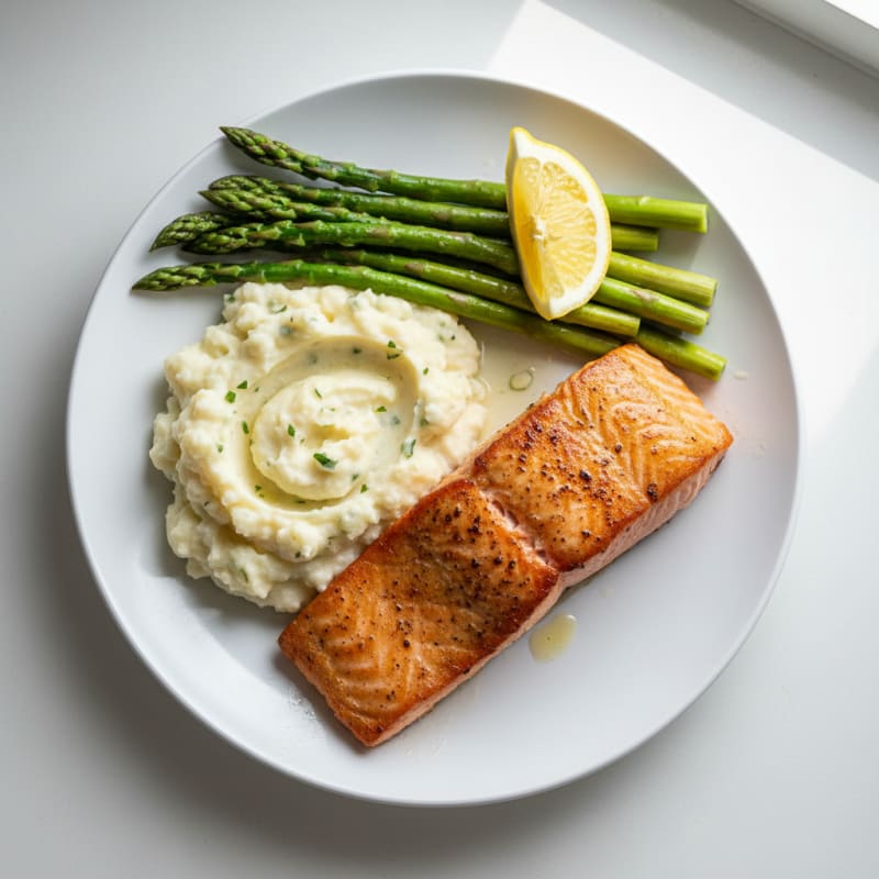 Seared Salmon with Steamed Asparagus and Garlic Mashed Cauliflower