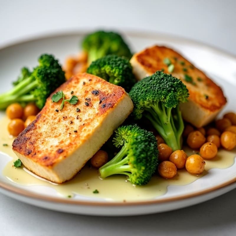 Seared Tofu Steaks with Roasted Broccoli and Chickpeas