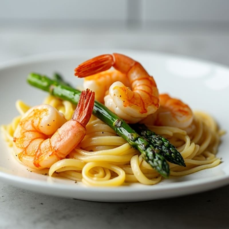 Pan-Seared Garlic Butter Shrimp with Fresh Linguine and Crispy Asparagus