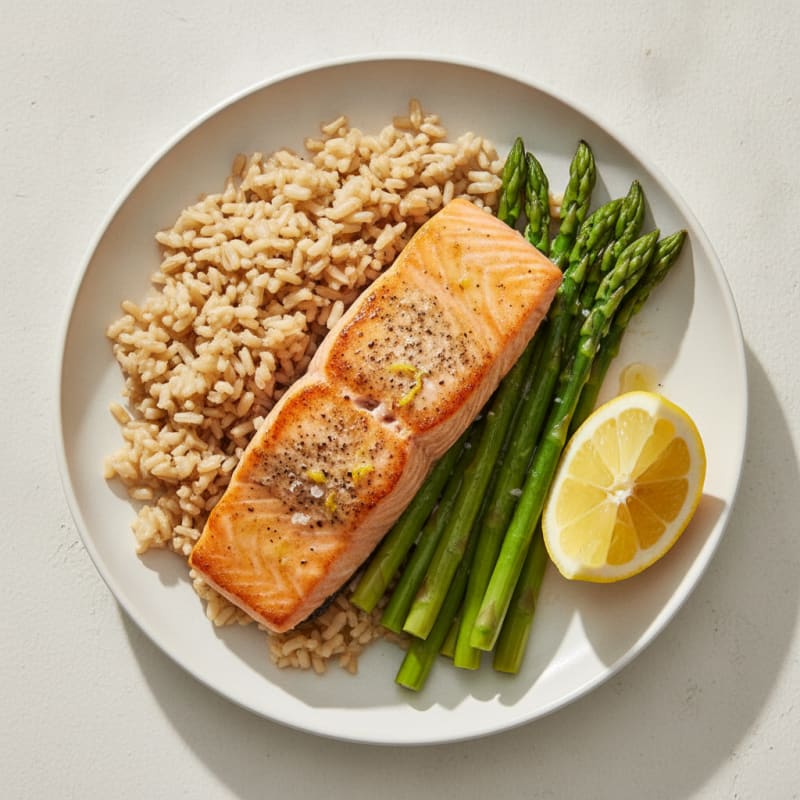 Seared Salmon Fillet with Steamed Asparagus and Brown Rice
