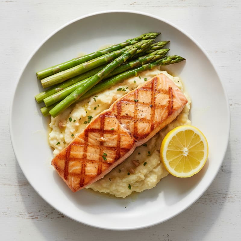 Seared Salmon Fillet with Steamed Asparagus and Garlic Cauliflower Mash