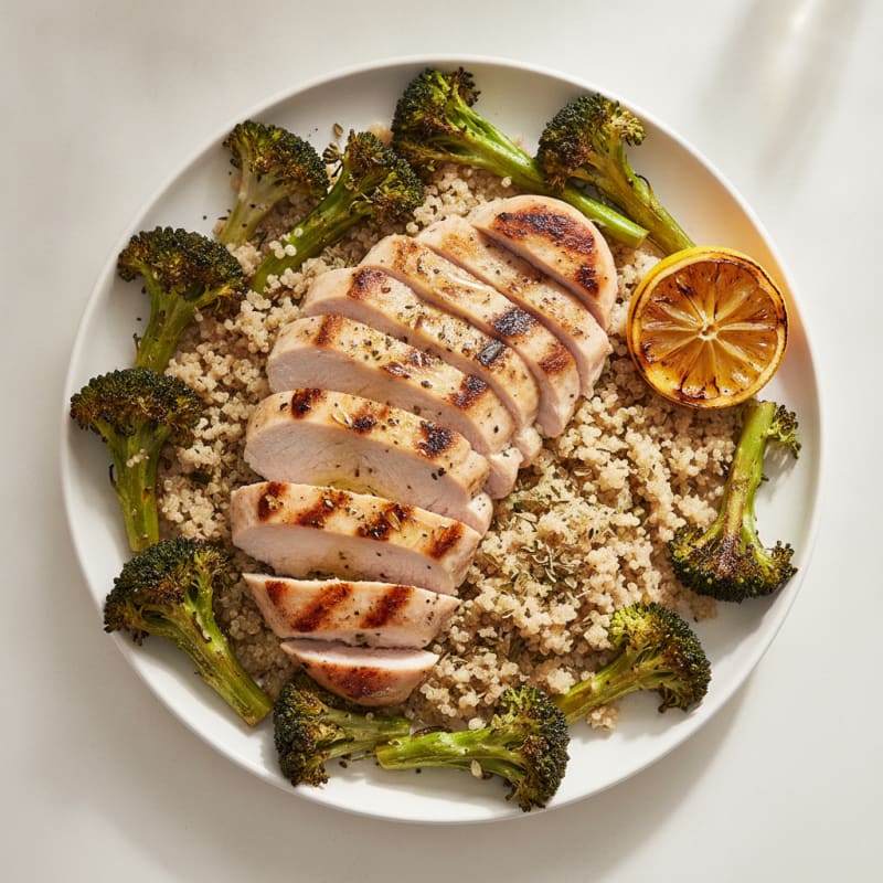 Grilled Turkey Breast over Quinoa and Roasted Broccoli
