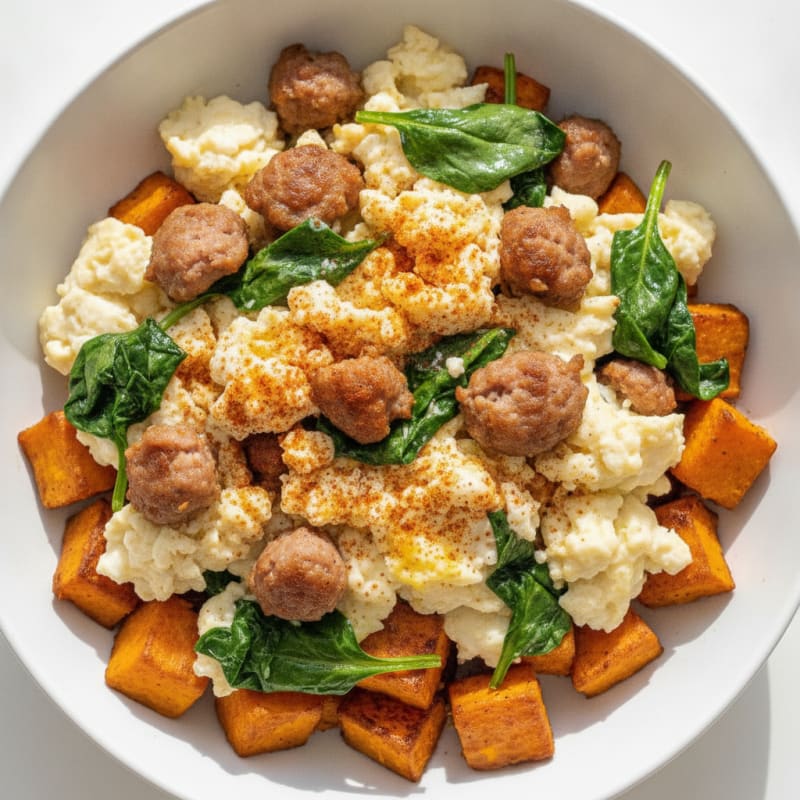 Egg White and Turkey Sausage Scramble with Spinach and Roasted Sweet Potato