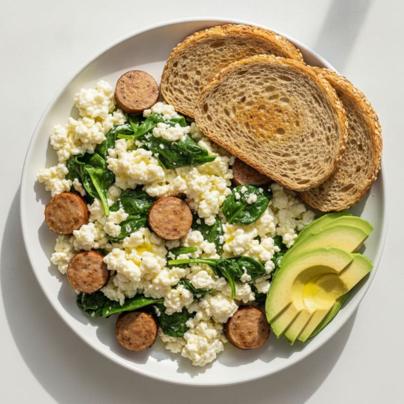 Egg White and Turkey Sausage Scramble with Cottage Cheese and Spinach