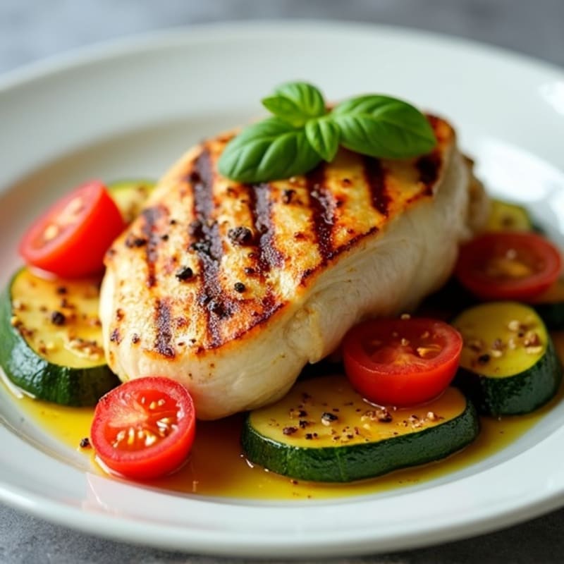 Grilled Chicken Breast with Roasted Zucchini and Tomato