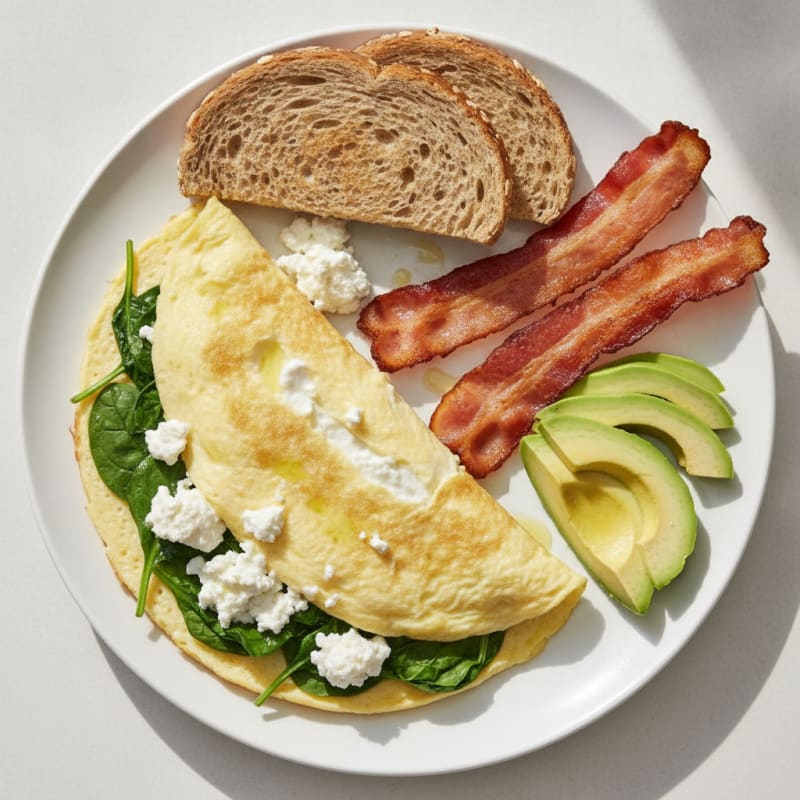 Egg White Spinach Omelette with Cottage Cheese and Turkey Bacon