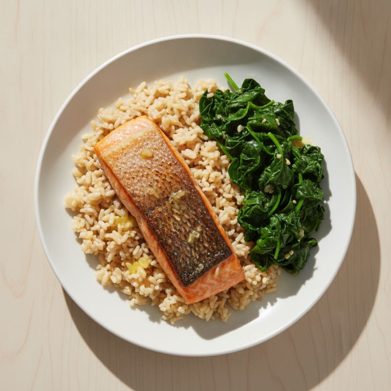Seared Salmon Fillet with Garlic Spinach and Brown Rice