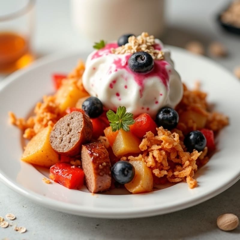 Sausage and Crispy Potato Hash with Creamy Berry Oat Parfait
